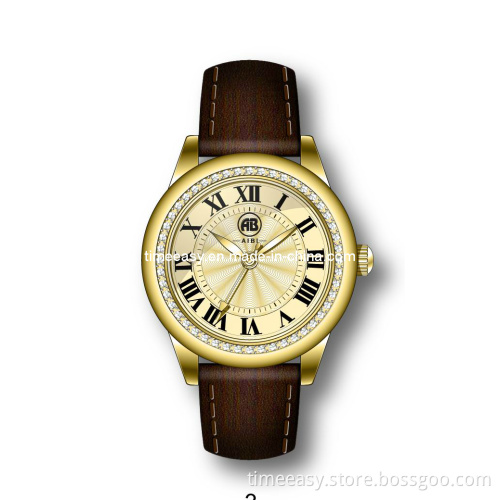 Gold Plated Leather Band Fashion Mens Quartz Watch (TE1546)